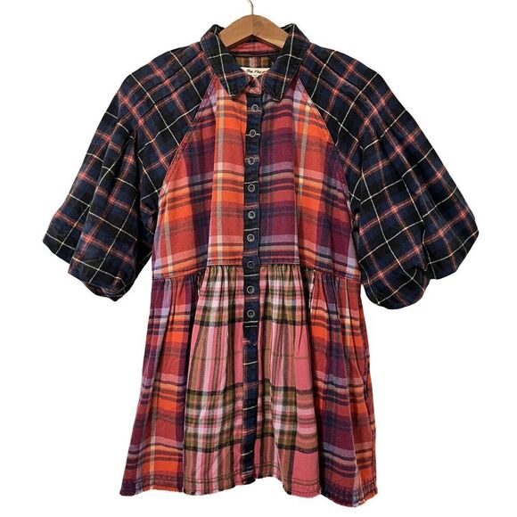 Free People We the Free Moon Bay Mixed Plaid Top Size XS Berry Combo Boho NEW - Picture 1 of 9